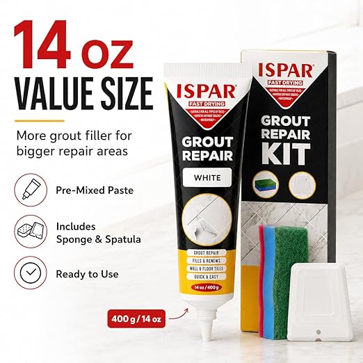 ISPAR Tile Grout Repair Kit – Dark Gray Grout Filler 14 oz Value Size, Pre-Mixed Grout Repair Paste, Ready to Use Tile Joint Filler for Bathroom & Shower Tile, Spatula & Sponge