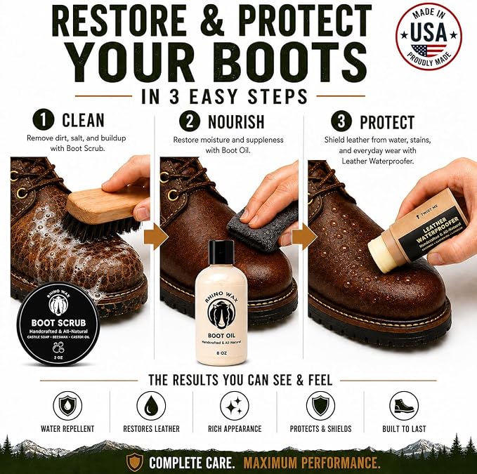 Leather Boot Care Kit - Made in USA (Not China) - Boot Oil, Waterproofer, Cleaning Scrub for Boots (Like Saddle Soap), Brushes and Cloth - Do NOT use Mink Oil (Love Animals) - All Natural Ingredients