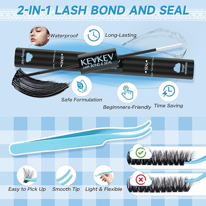 KEVKEV Lash Extension Kit 280pcs Volume Lash Clusters 100D Lash Clusters Kit 10-18mm Individual Lashes Kit With Lash Bond And Seal,Lash Tweezers Thick Lash Extension Kit DIY At Home(0.05D,100DD)