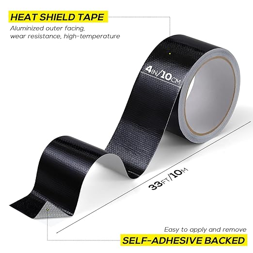 Aluminum Foil Tape, 4in x 33FT Fiberglass Heat Shield Tape, Black Self-Adhesive Heat ReflectiveTape, Exhaust Heat Resistant Tape, for Hose and Auto Use