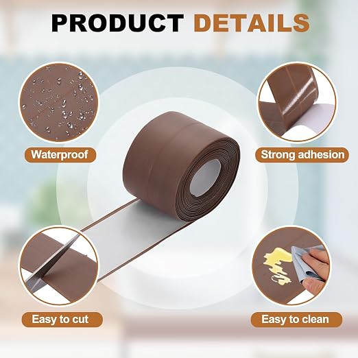 uxcell Caulk Tape Waterproof, 1.5 Inch x 10.5 ft Self-Adhesive Sealant Sealing Strip Caulking Sealant Tape PVC with Tool for Kitchen Sink Toilet Bathroom Bathtub Floor, Brown