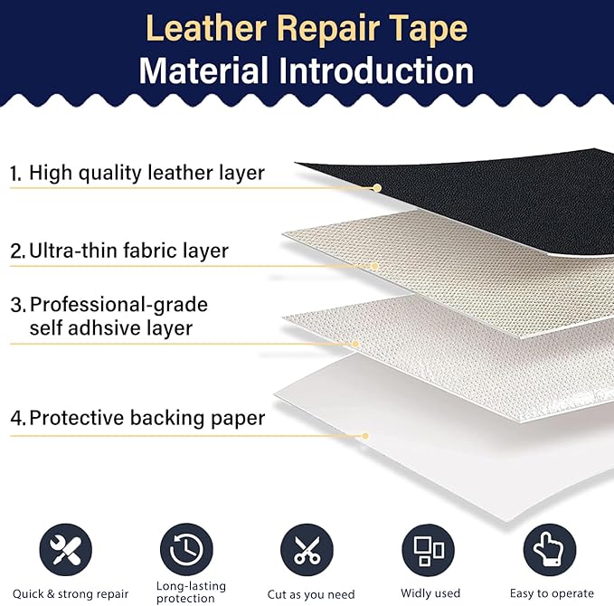 Zenyao Leather Repair Patch Tape - Self Adhesive Leather Repair Kit for Car Seat Furniture, Heavy Duty Vinyl Repair Patch for Couch Sofa, Waterproof for Rips Scratches Tears, 3x60 Inch Roll, Black