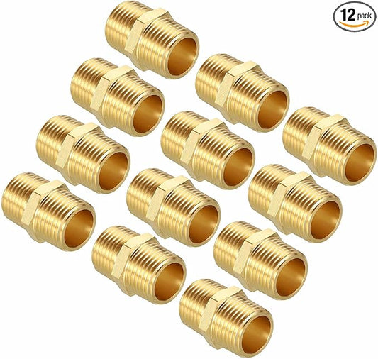 Pack of 12, 1/2" MNPT To 1/2" MNPT Solid Brass Hex Nipple Hose Connectors W/Sealing Tapes, Male Pipe Adapter for Pipe Leak Repair, Bathroom Remodeling, Tool Extension, Compression