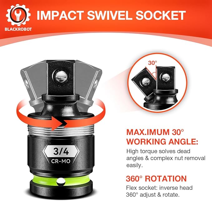 BLACKROBOT 3/4" Drive Impact Universal Joint Set, CR-MO Swivel Socket Adapter for Heavy-Duty & Automotive Repair, Flexibly Reach Tight-Angle Fasteners