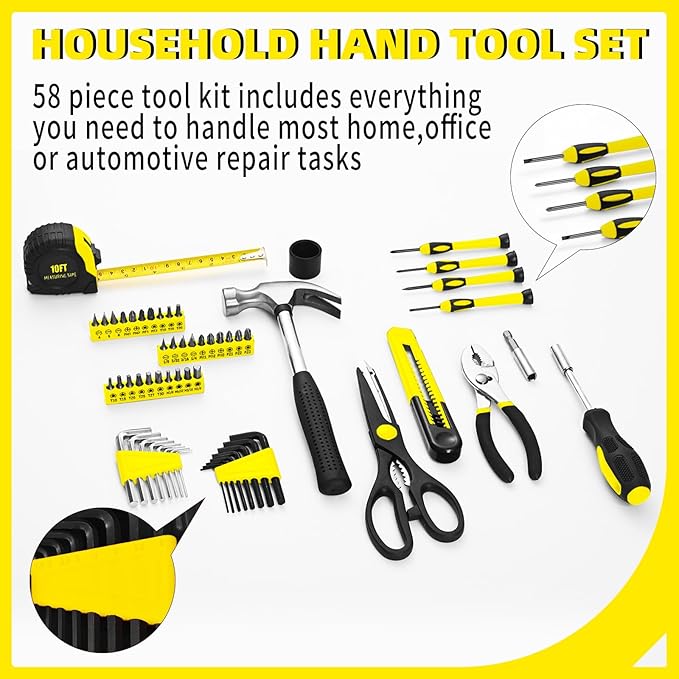 58-Piece Yellow Tool Kit | Basic Home Repair & General Household Hand Kit | Small Tool Set with Plastic Storage Toolbox for Home, Office, College & DIY Repairs