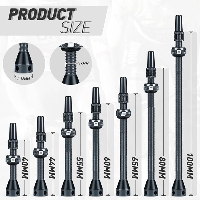 BWSHLF Tubeless Presta Valve Stem 40/44/55/60/65/80/100 mm, Super Light Alloy Presta Valve Stem Kit with Valve Core Remover Tool and Valve Stem Caps - Multiple Color and Size Options(Pair)