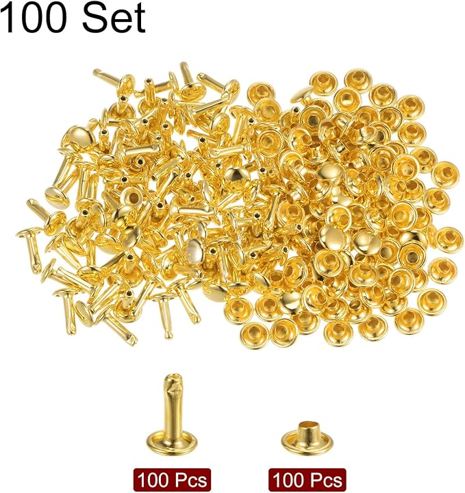 HARFINGTON 100 Sets Leather Rivets 10 x 7mm Metal Double Cap Rivet Snaps Studs Fasteners with 3pcs Setting Tools Rivets for Leather Craft DIY Repair Decoration, Gold Tone