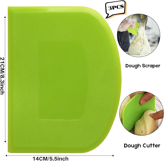 SURDOCA Dough Scraper Bench Scraper - 3P 8.3x5.5" Plastic Flexible Bowl Scraper, Sharp Edge & Angles Cake Scraper. Non-Slip Bakeware Decorating Tools Sculpting & Modeling Tools - Green+Yellow+Green