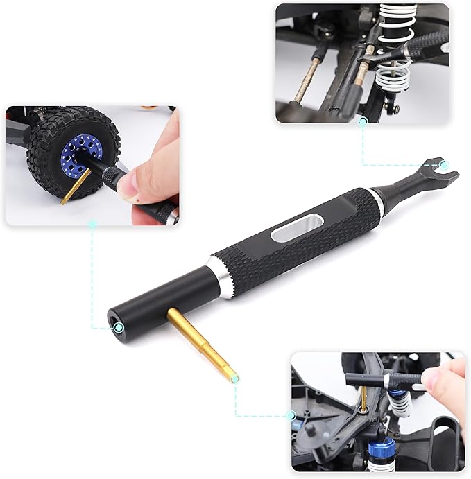 RC Multi-Function Wrench Turnbuckle Nut Ball Joint Remover 4mm Universal Repair Tool with 2.0mm Screwdriver for 1/10 1/8 1/24 Crawler Truck Off Road Car Boat Drone Airplane(Black Silver)