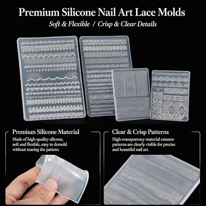 Lace Silicone Nail Molds, 4PCS 3D Lace Nail Art Mold with Carving Pen & Scraper, 3D Gel Nail Charm Mold for Nail Art Design, DIY Crafts, Resin Jewelry Decor
