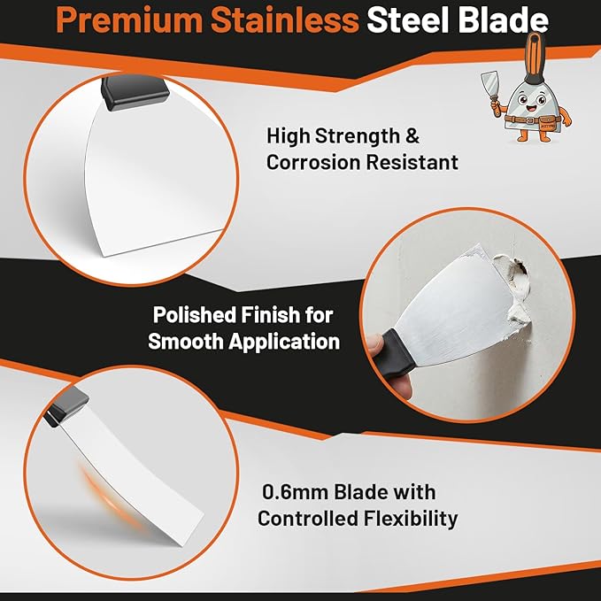 Fishark Putty Knife Set, 4 Pcs Stainless Steel Spackle Knives in 2”, 3”, 4”, 6”, Multi-Purpose Tools for Drywall Repair, Paint Scraping, Taping, Wallpaper Removal, Putty, Plaster & Adhesive