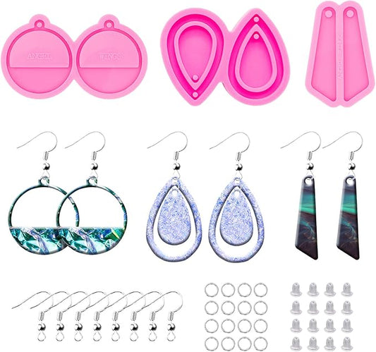 103Pcs DIY Earring Resin Molds Kit - Tear Drop/Quadrangle/Retro Circle Shape Silicone Mold Epoxy Earring Pendant Casting Mould with Silver Earring Hooks for Jewelry Making Supplies, Women Earrings