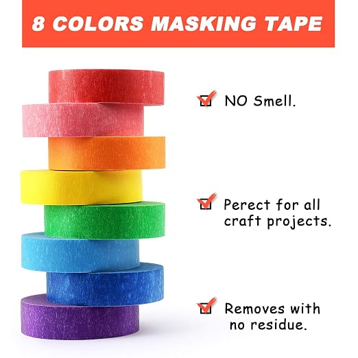 8 Rolls Colored Masking Tape Rainbow Painters Tape, 0.6 Inch x 16 Yard | Colorful Craft Art Paper Tape Labeling Arts Crafts Decorative Coding Decoration Supplies