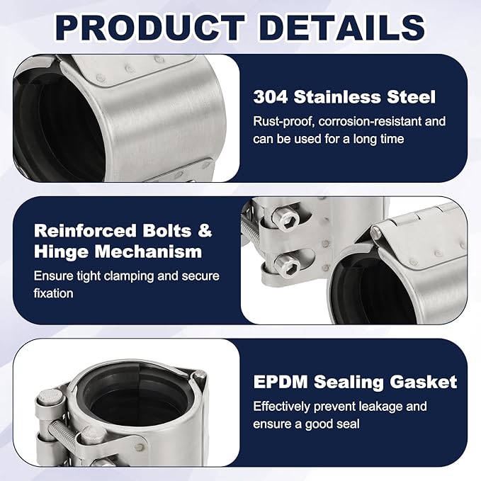HARFINGTON Pipe Repair Clamp 1-8/9" OD 47mm-51mm 304 Stainless Steel Leak Sealer Emergency Pipe Repair for Plastic Metal Tubing Water Gas Oil Lines, Silver