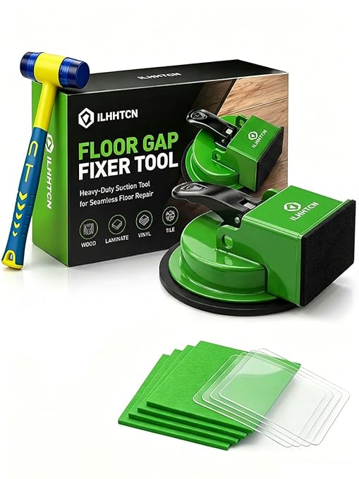 Laminate Floor Gap Fixer Tool Repair Kit, LVP Flooring Suction Cup Tool for Gaps, Heavy Duty Joint Puller Tools with 5 Reusable Sticky Pads & Rubber Mallet, Professional Hardwood Plank Closer (Green)