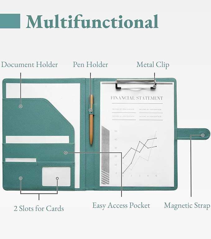 Zreal Padfolio Portfolio Binder with Clipboard & Card Holder, Faux Leather File Folder, Folio Resume Paper Organizer for A4 Letter Size Document, Legal Pad Holder for Women Man (Teal Green)