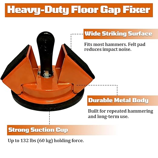 Floor Gap Fixer Tool with Strong Suction Cup & 45° Striking Surface,Includes Slot Cutter,Rubber Mallet,2 Felt Pads and 5 Clear Shims,for Laminate,Vinyl and Solid Wood Flooring Installation & Repair