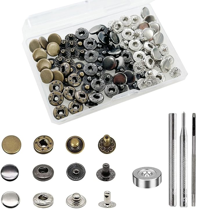 BetterJonny 24 Sets Heavy Duty Leather Snap Fasteners Kit, 10mm Metal Snap Buttons Press Studs Leather Rivets Snaps with 4 Setter Tools for Clothes Bracelet Jackets Jeans, 3 Color