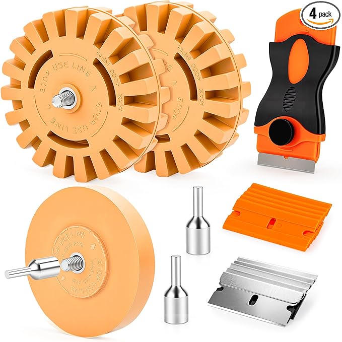 Eraser Wheel Decal Remover Tool Kit, 3 Upgraded Rubber Wheels with Razor Blade Scrapers & Drill Adapters, Removing Adhesive Stickers Vinyl Pinstripes Emblem Label Glue for Car Truck RV