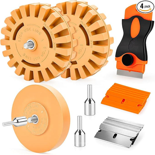 Eraser Wheel Decal Remover Tool Kit, 3 Upgraded Rubber Wheels with Razor Blade Scrapers & Drill Adapters, Removing Adhesive Stickers Vinyl Pinstripes Emblem Label Glue for Car Truck RV