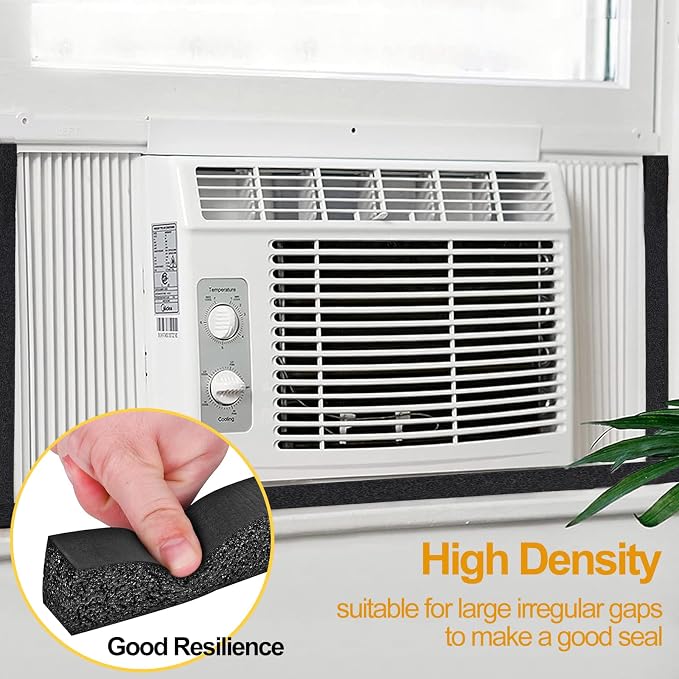 High Density Foam Tape Air Conditioner Window Seal, 1x1 Inch Thick Foam Stripe with Adhesive for Window AC Insulation, Weather Stripping for Doors and Windows Insulation, AC Foam Tape, Black