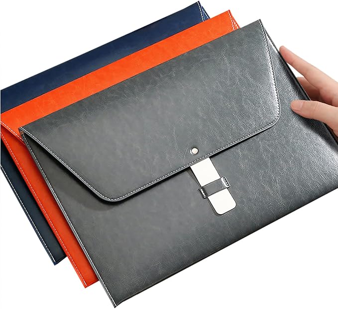 PU Leather A4 File Folder Large Document Holder Waterproof Envelope Folder Case with Handmade Closure (Gray)