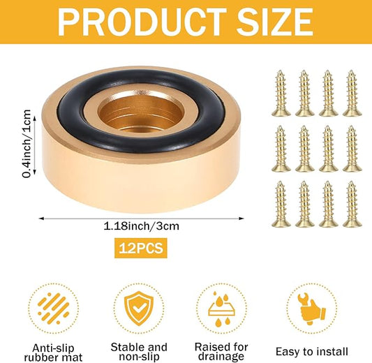 12 Pack Brass Cutting Board Feet with Non Slip Pads 1.18 x 0.39 Inch Gold Aluminum Alloy Legs with Silicone Pads & Screws Kit, Anti-Skid Stabilizers for Chopping Blocks, Furniture & Shelves