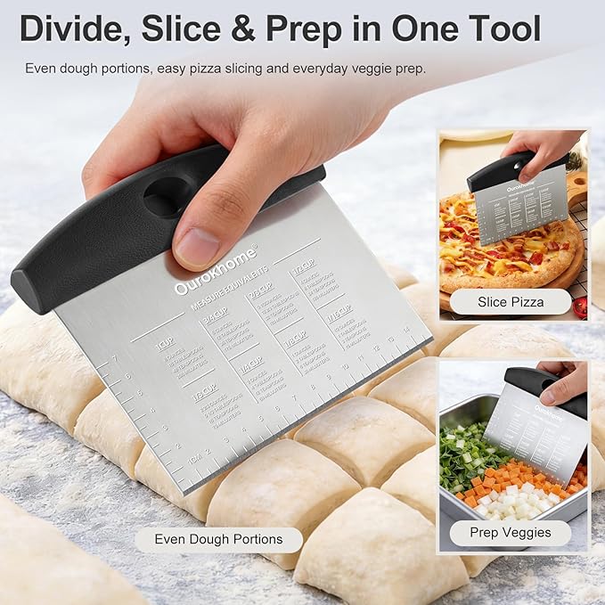 Ourokhome 2 Pack Bench Scraper Dough Cutter, Stainless Steel Dough Scraper with Laser-Etched Scale, Conversion Chart, Non-Slip Handle, Dishwasher Safe for Bread & Pastry, Black