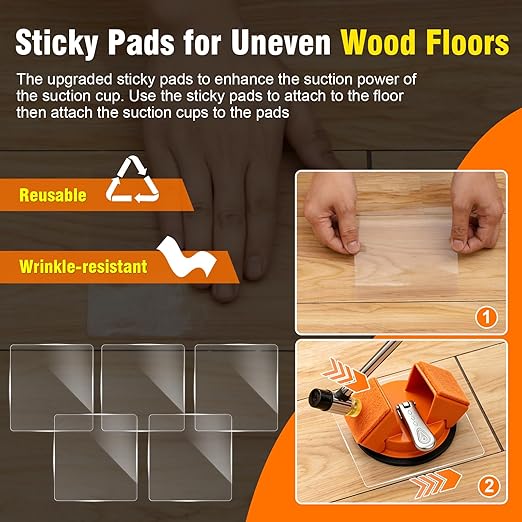 Floor Gap Fixer Tool, Heavy Duty Suction Cup Tool with Double 45°Striking Surface, Silent Felt Pads & Aluminum Handle, Includes 5pcs Sticky Pads Sheets for Uneven Laminate & Hardwood Flooring Tools