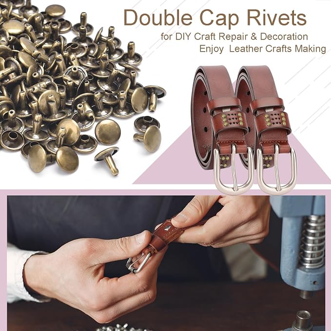 200Sets Rivets for Leather, 10mm Double Cap Leather Rivets Metal Tubular Studs for Key Fob Clothing Pets Collar Boots Bags Belt Repair and Decoration (Bronze)
