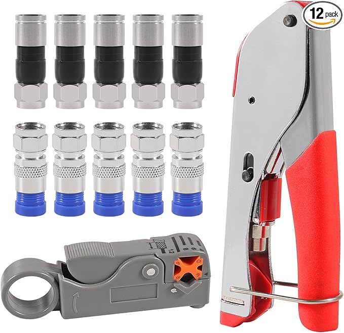 10Pcs F Type RG6 Compression Connectors Coaxial Cable Crimper Kit with Wire Stripper Repair Tool Compatible with RG59, RG6, RG11 Compatible Adjustable Tool for Satellite TV, Home Use