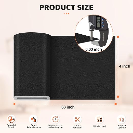 Black Leather Repair Tape Kit, 4×63 in Repair Kit for Furniture, Car Interior, Couth, Car Seat, Upgraded Strong Self Adhesive Leather Patch
