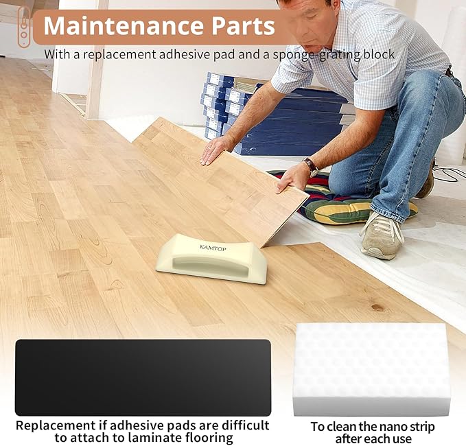 Kamtop Floor Gap Fixer Tool, Nano-Adhesion Plank Grabber for Laminate, Vinyl & Hardwood Floors, Reusable Nylon Flooring Gap Repair Tool with Impact Block, Spare Pad & Sponge for DIY Home Repair