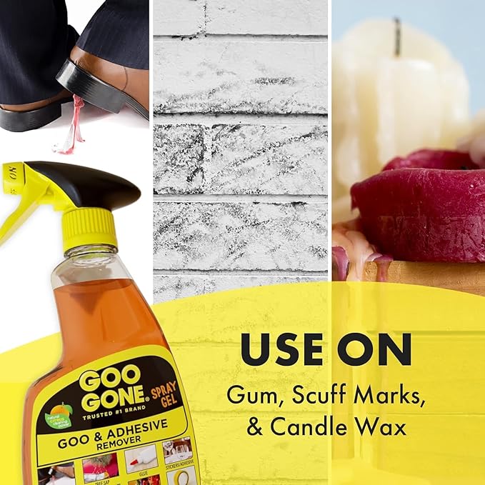 Goo Gone Spray Adhesive Remover Gel 12 Oz with Scraper, Removes Glue, Stickers, Tape Residue, Grease, Gum & Wax, Adhesive Spray with Citrus Cleaning Power for Hard Surfaces, Carpets & Fabrics