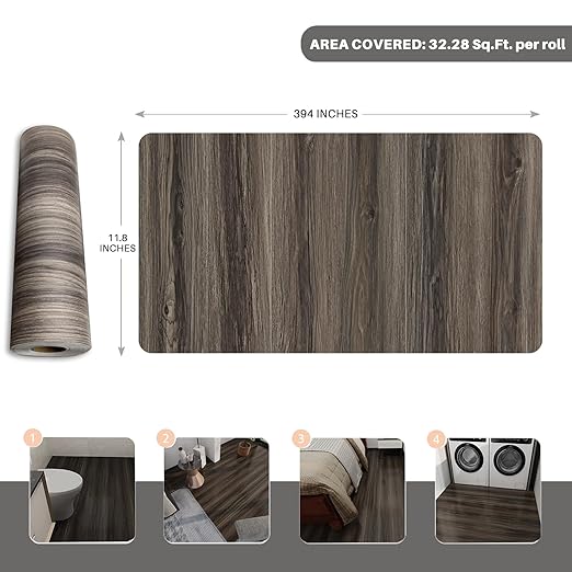 Wood Grain Peel and Stick Floor Tiles – 11.8” Width, Full Roll Length of 394" – Versatile Design for Any Space, Self Adhesive Vinyl Flooring, Waterproof and Non-Slip Features