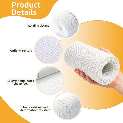 Fiberglass Mesh Roll for Stucco & Wall Repair –39 in, 538.2 Sq.Ft. Coverage,160g/㎡ Alkali Resistant Fibreglass Reinforcing Mesh, Non-Adhesive Fiber Patch for Plaster, Render, Tile,Gypsum Walls.