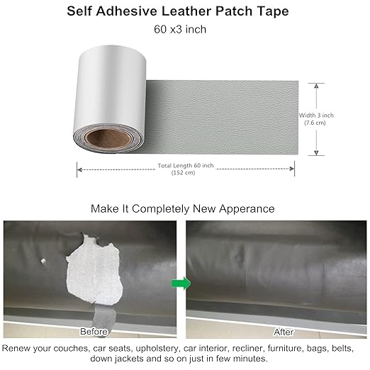ILOFRI Self Adhesive Leather Repair Patch Tape 3x60 inch, Vinyl and Leather Repair Kit for Couches, Furniture, Car Seat, Boat Seat, Sofa, Vinyl Upholstery, Chair, Interior - Light Grey #2