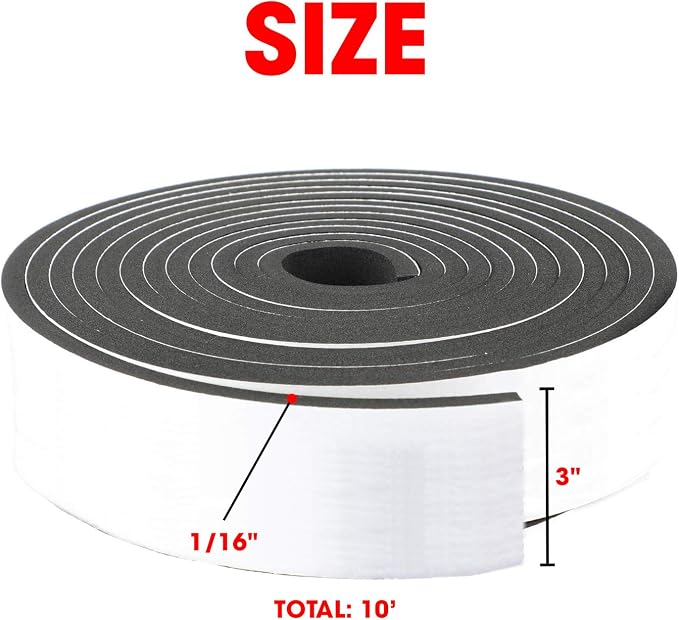 Neoprene Foam Strip Roll By Dualplex, 3" Wide x 10' Long 1/16" Thick, Weather Seal High Density Stripping with Adhesive Backing – Weather Strip Roll Insulation Foam Strips