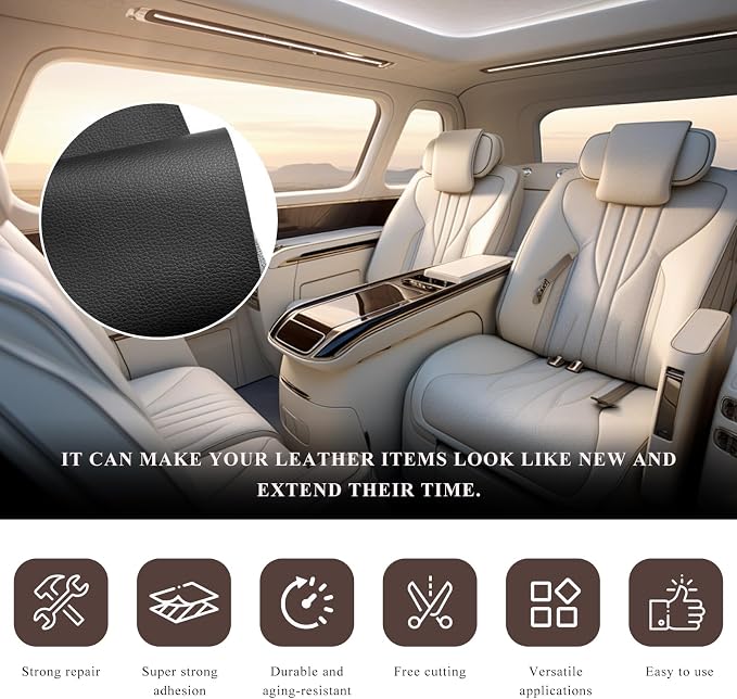 2 PCS Leather Repair Patch Tape, 4 x 8 Inch Waterproof PU Leather Repair Tape for Car Seat, Self-Adhesive Patch Kit for Repairing Couch Chairs Furniture, Car Accessories (Black)
