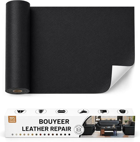 BOUYEER Leather Repair Patch Tape Kit,Self Adhesive Leather Repair for Sofa，Car Seat,Office Chair,Furniture,Jacket,Waterproof Strong Adhesive Vinyl Repair Kit. 17 in x 79 in,Black