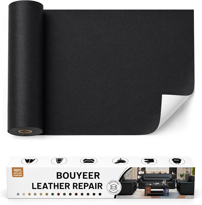 BOUYEER Leather Repair Patch Tape Kit,Self Adhesive Leather Repair for Sofa，Car Seat,Office Chair,Furniture,Jacket,Waterproof Strong Adhesive Vinyl Repair Kit. 16 in x 31 in,Black