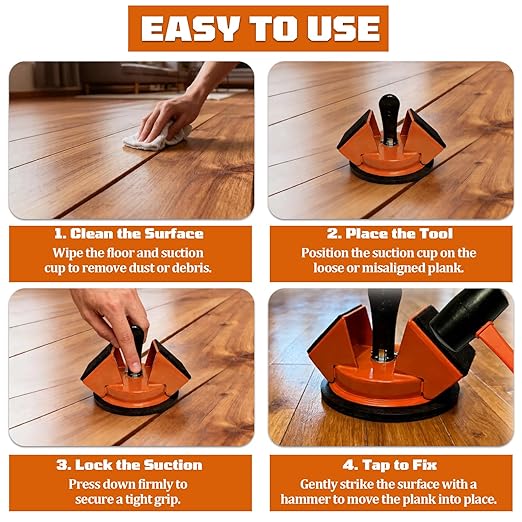 Floor Gap Fixer Tool with Strong Suction Cup & 45° Striking Surface,Includes Slot Cutter,Rubber Mallet,2 Felt Pads and 5 Clear Shims,for Laminate,Vinyl and Solid Wood Flooring Installation & Repair