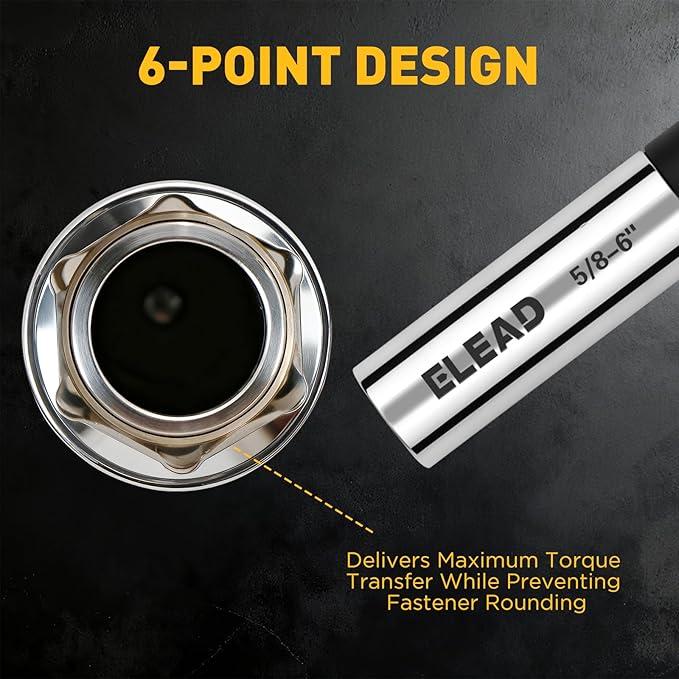 ELEAD 5/8" Swivel Magnetic Spark Plug Socket, 3/8" Drive x 6" Total Length, Thin Wall Spark Plug Removal Tool, 360 Degree Swivel, Enhanced Magnetic, 6-Point Design, Cr-V Steel