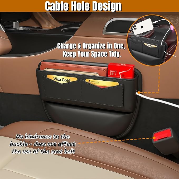 BLIRITEL Car Seat Gap Filler Organizer with Charging Hole, PU Leather Car Seat Gap Plug with Storage Slot, Car Console Side Organizer for Phone, Keys & Cards (Brown)