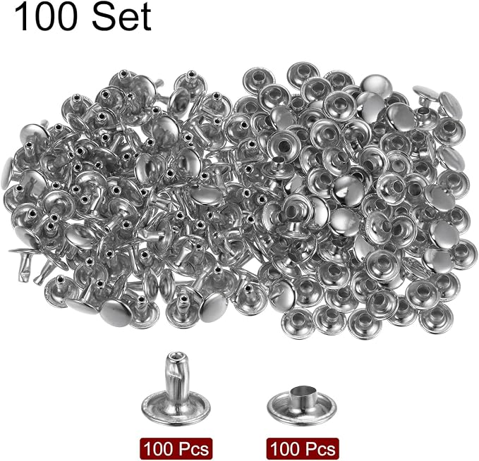 HARFINGTON 100 Sets Leather Rivets 8 x 9mm Metal Double Cap Rivet Snaps Studs Fasteners with 3pcs Setting Tools Rivets for Leather Craft DIY Repair Decoration, Silver Tone
