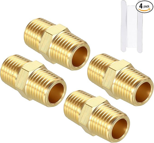Pack of 4, 1/4" MNPT to 1/4" MNPT Solid Brass Hex Nipple Hose Connectors W/Sealing Tape, Male Pipe Adapters for Pipe Leak Repair, Bathroom Remodeling, Tool Extensions, Compression