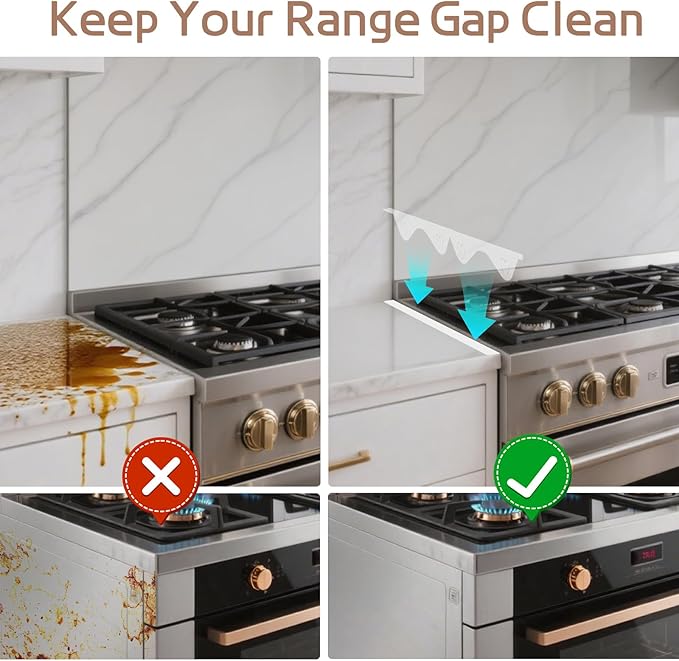 Stainless Steel Stove Gap Covers, 2 Pack Extendable Stove Gap Filler 13.8"-27.5", 0.79" Wide, Deep-Lock Heart Clips, Heat Resistant Range Trim Kit for Kitchen Counter Gaps, White