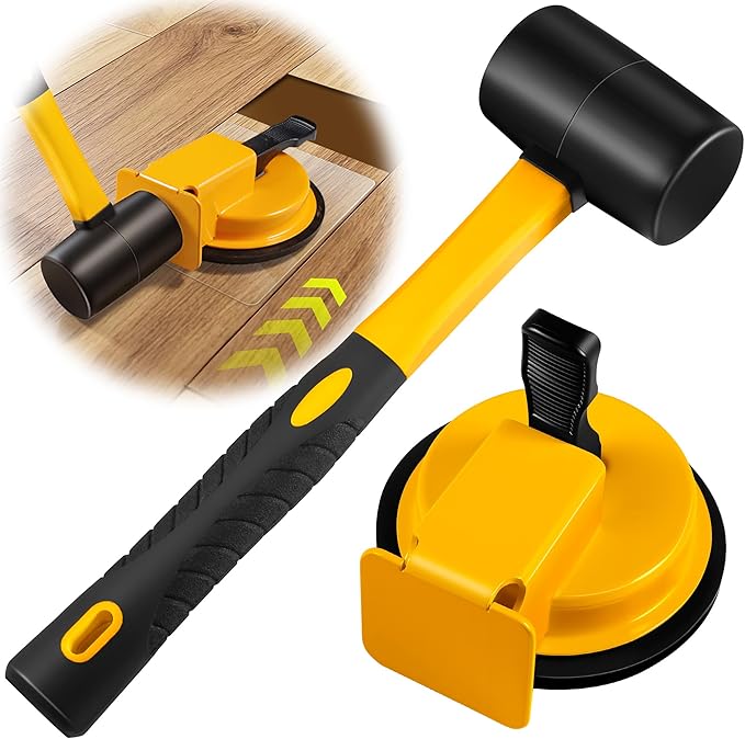 Floor Gap Fixer Tool with Rubber Mallet, Iron Body & Strong Suction Cup, Includes 5 Sticky Pads for Laminate, Vinyl, Wood & Tile Flooring Installation and Repair