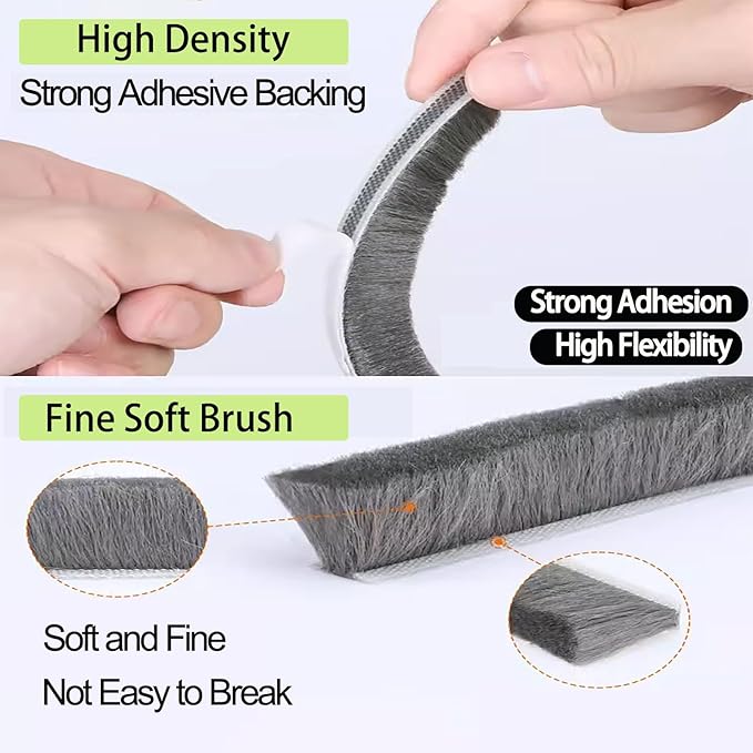 ZOMPAGO Strong Adhesive Brush Weather Stripping & Seal Strip, 0.2in Thick x 0.4in(W) x 33FT Grey - for Sliding Windows & Exterior Doors, Soundproof/Dustproof/Windproof, Warm Insulation, Waterproof