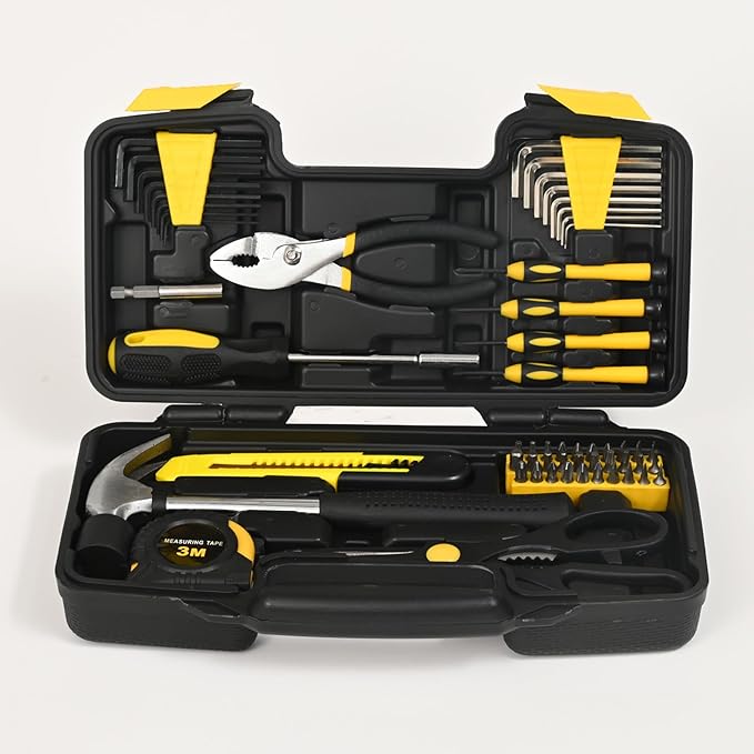 58-Piece Yellow Tool Kit | Basic Home Repair & General Household Hand Kit | Small Tool Set with Plastic Storage Toolbox for Home, Office, College & DIY Repairs